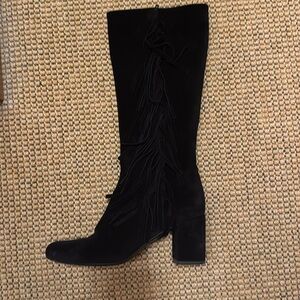 St Laurent Fringe Black Suede Knee-High Boots